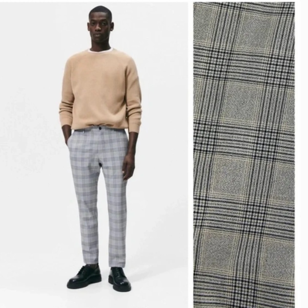 Zara Men’s Grey/Blue Plaid Slim Trousers